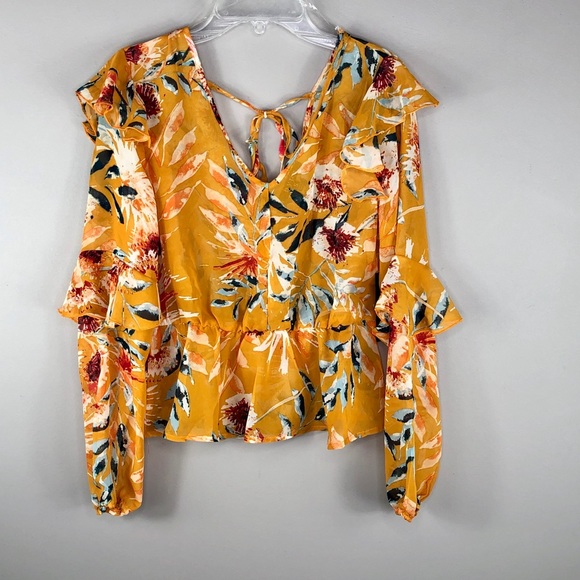 Hype Yellow Floral Semi Sheer Tie Back Blouse - Picture 2 of 8
